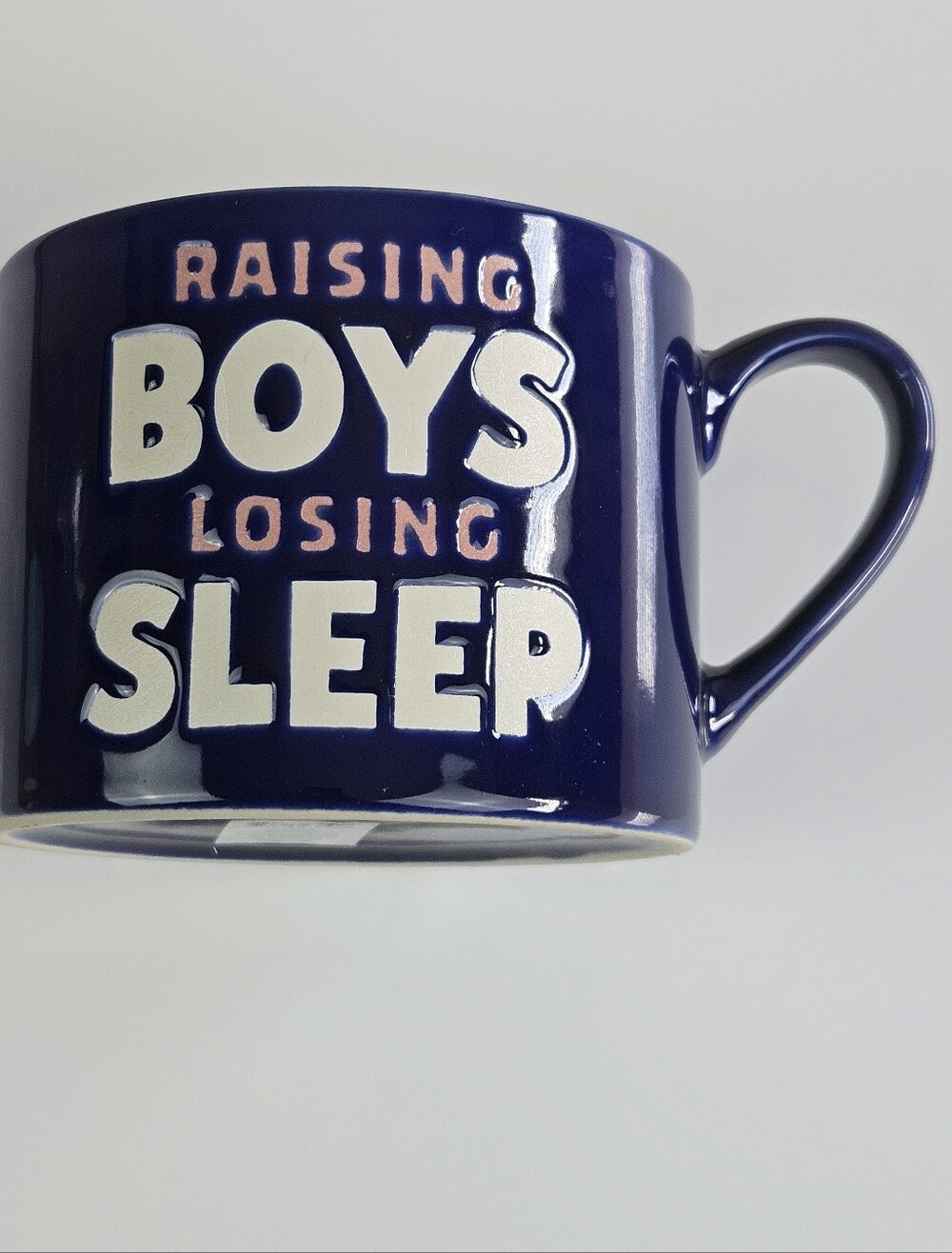 Raising Boys Losing Sleep Navy Blue Funny Mom Mug Large New 20 oz